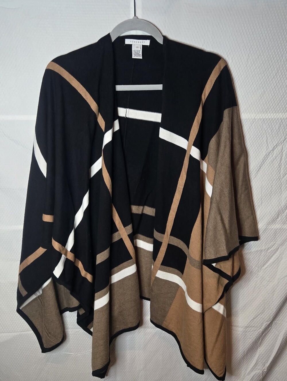 Black, Tan & White Striped Open-Front Poncho Walker Autumn Foxcroft